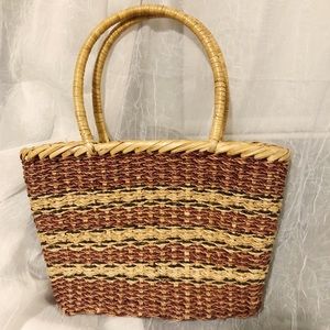 Straw Purse with Black Accents and Handles